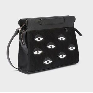 Min & Mon Vali Crossbody Small Black Leather Bag - Eyes Appliqué Adjustable